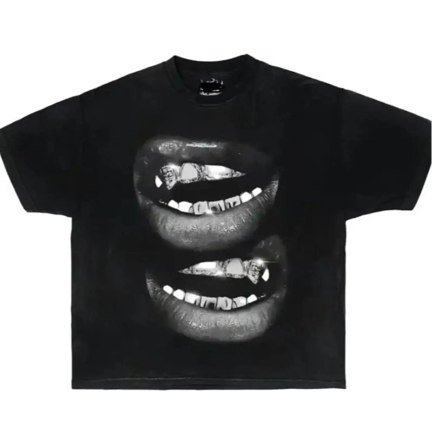 Men's Grin Fang Mouth Graphic Tshirt - Garment-Dyed Boxy Oversized Short-Sleeve Black Shirt, Streetwear Aesthetic Menswear Casual Top