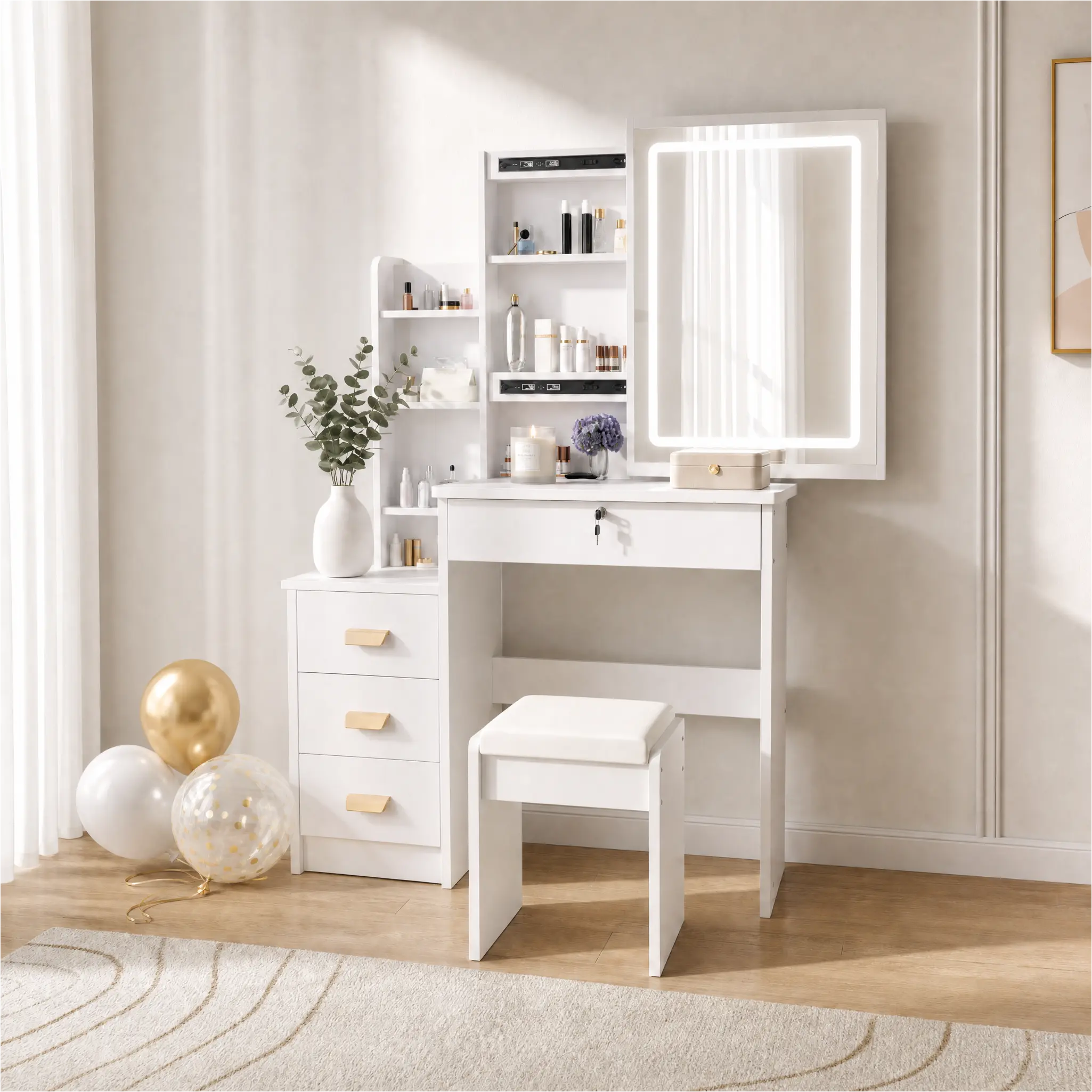 White Makeup Vanity with LED Lighted Mirror, 3-Color Dimmable Lights, Lockable Drawers, Multi-tier Storage Shelves & Cushioned Stool, Storage Set with Safe Rounded Corners for Bedroom
