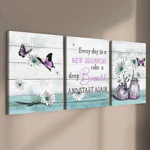 3-Piece Wood Frame Canvas Art Set, Inspirational Floral Butterfly Posters, Watercolor Floral Print, Modern Home Decor, Waterproof Wall Art, Living Room Decoration