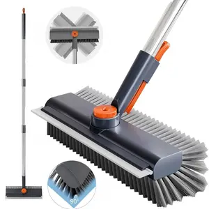 3-in-1 Floor Scrub Brush with Long Handle, Heavy Duty Stiff Bristle Scrubber with Squeegee, Multipurpose Cleaning Brush for Bathroom, Shower, Patio, Garage, Deck and Tile Grout