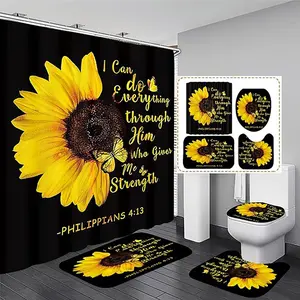 1/4pcs Sunflower Inspirational Quotes Themed Shower Curtain Set, includes a non-slip mat, U-shaped rug, and toilet seat cover. Perfect for bathroom decoration, partitioning, and beautifying the space. Comes with 12 shower curtain hooks. Shower Essentials
