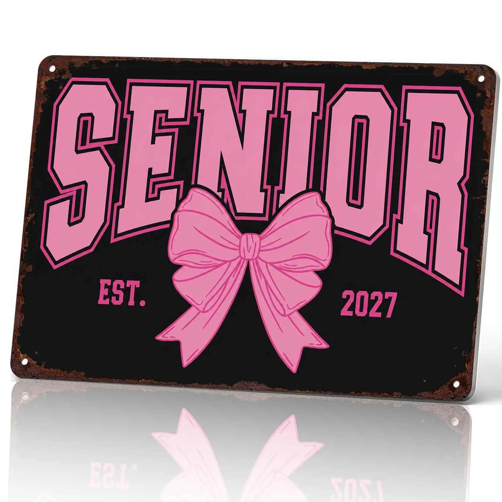 Senior Est. 2027 Pink Bow 8 x 12 Inch Aluminum Metal Sign, Preppy Vintage Tin Sign Wall Decor for Graduation Party, Bedroom or Dorm