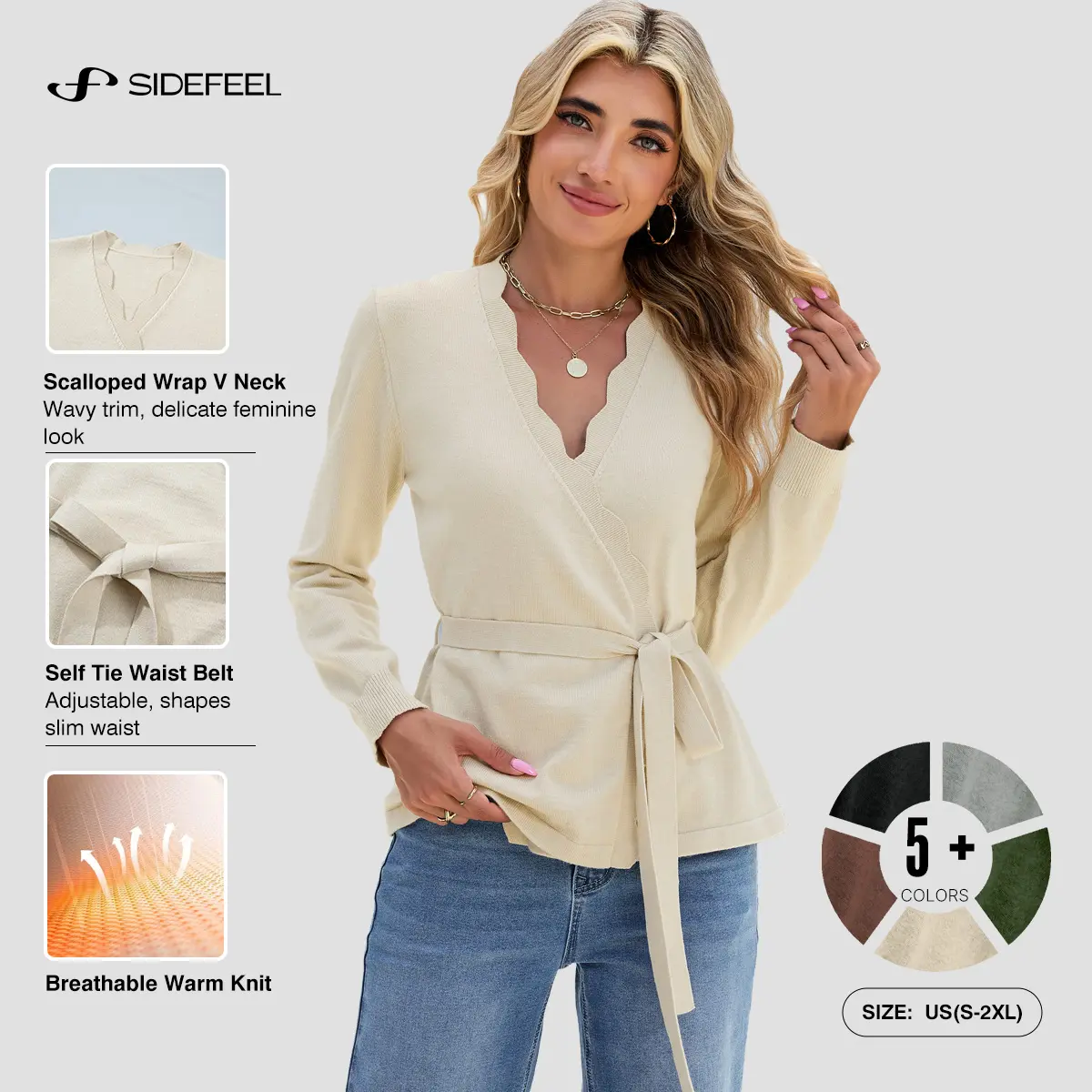 Sidefeel Women's Wrap Knit Sweater | Scalloped V Neck, Long Sleeve, Self Tie Waist Belt, Breathable Warm Knit, Slim Fit, Fall and Winter Tops
