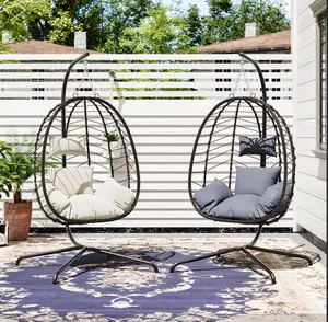 TikTokShopSpringGlowUp Two Piece Suit Outdoor and Indoor Universal PE Rattan Egg-shaped Hanging Chair with Stand, Adjustable Chain, Waterproof Cushion Swing Chair