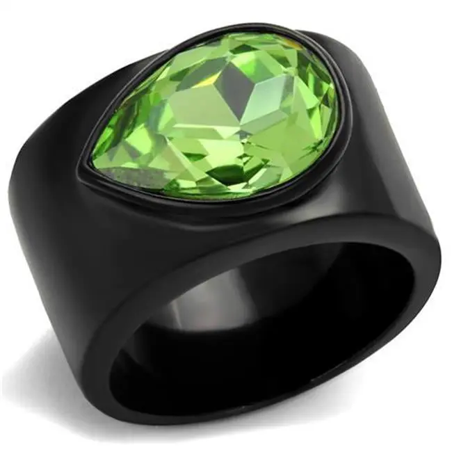 Women's IP Black Stainless Steel Ring with Top Grade Peridot Gem, Crystal Accent - Size 8