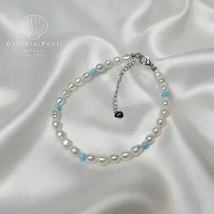 B05-Lost Lagoon Freshwater Pearl Bracelet with Turquoise Blue Stone S925 Clasp Small Rice Shape Pearl Simple Style Pearl Bracelet