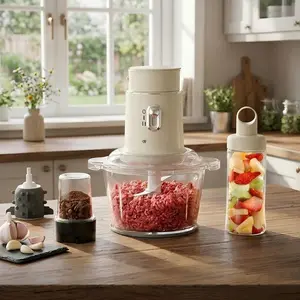 4-in-1 Electric   & Small  Processor, Meat , Garlic Peeler & Juicer, 2-Speed Mini  Processor with 1.5L Glass Bowl and 2 Cups (0.4L+0.2L), Beige