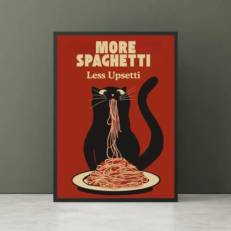 Hungry Cat Spaghetti Print, Humorous Poster, Funny Wall Art for Kitchen