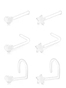 18g Clear Nose Studs for Work, L Shape Hook Clear Nose Piercing Retainers, Bioflex Plastic Nose Rings for Surgery, Heart Star Top 18 Gauge 1.0mm 6pcs