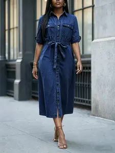 Women's Fashion Denim Shirt Dress with Belt, Button Front Midi Dress, Chest Pockets, Rolled Sleeves, Casual Style, All Seasons
