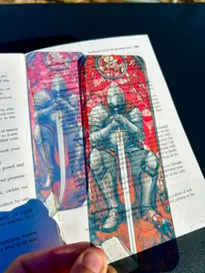 Medieval Knight Bookmark – Stained Glass Style Warrior Kneeling with Sword | Bookmark For Men Laminated Spooky reading accessory
