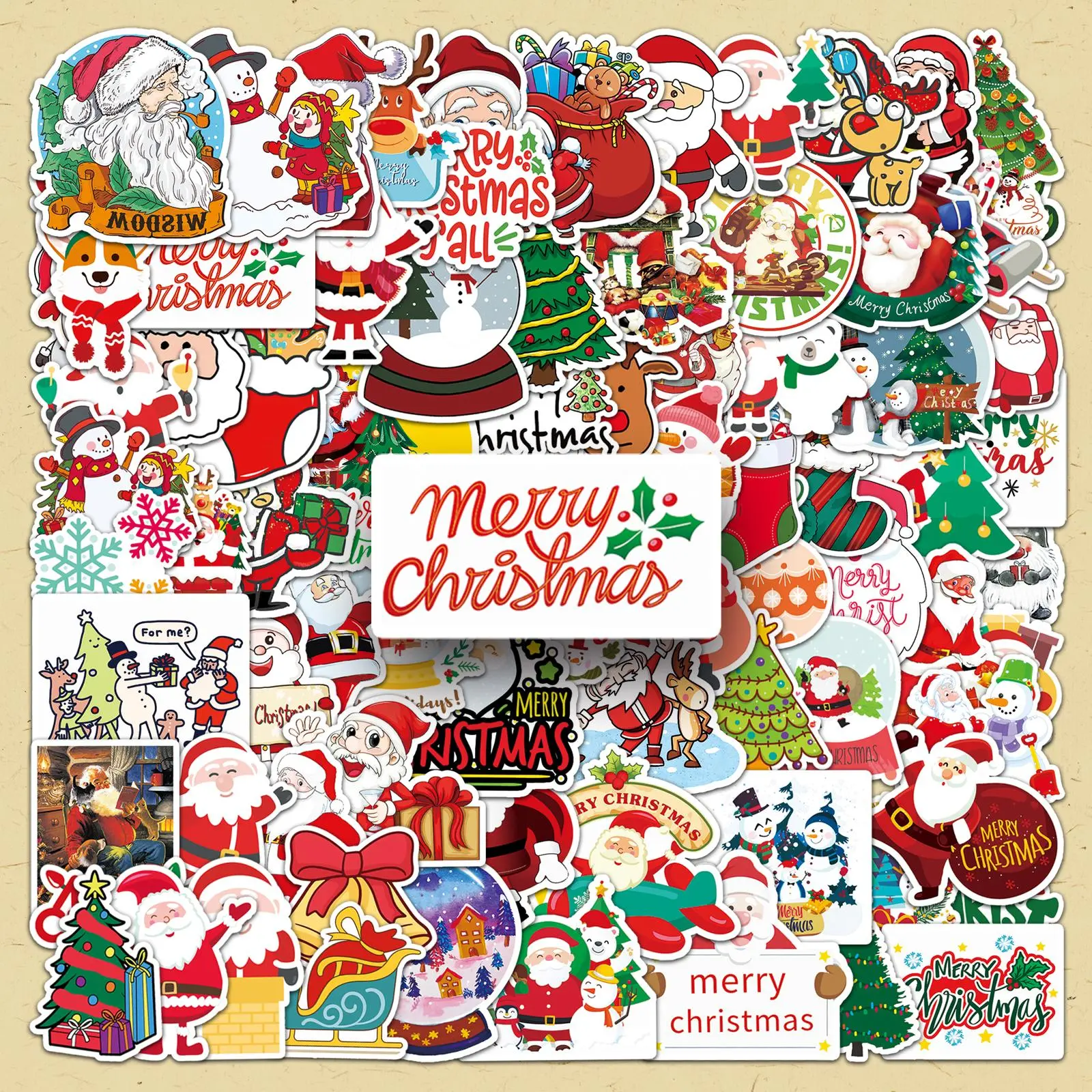 Festival Themed Sticker, 100pcs/set Santa Claus with Tree and Gifts Pattern Sticker, DIY Decorative Sticker for Scrapbooking, Journaling, Gift Wrapping
