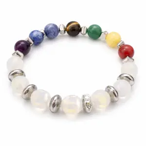 Chakra Bracelet with Multicolored Stones and Silver Beads for Energy Balance and Healing