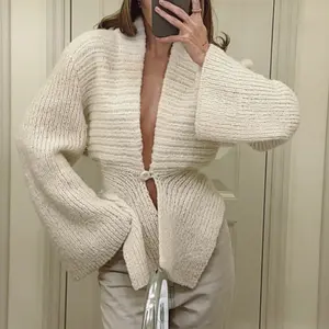 Women's Button Down Knit Cardigan, Solid Color Long Sleeve V-Neck Irregular Hem Sweater Jacket for Spring, Fall