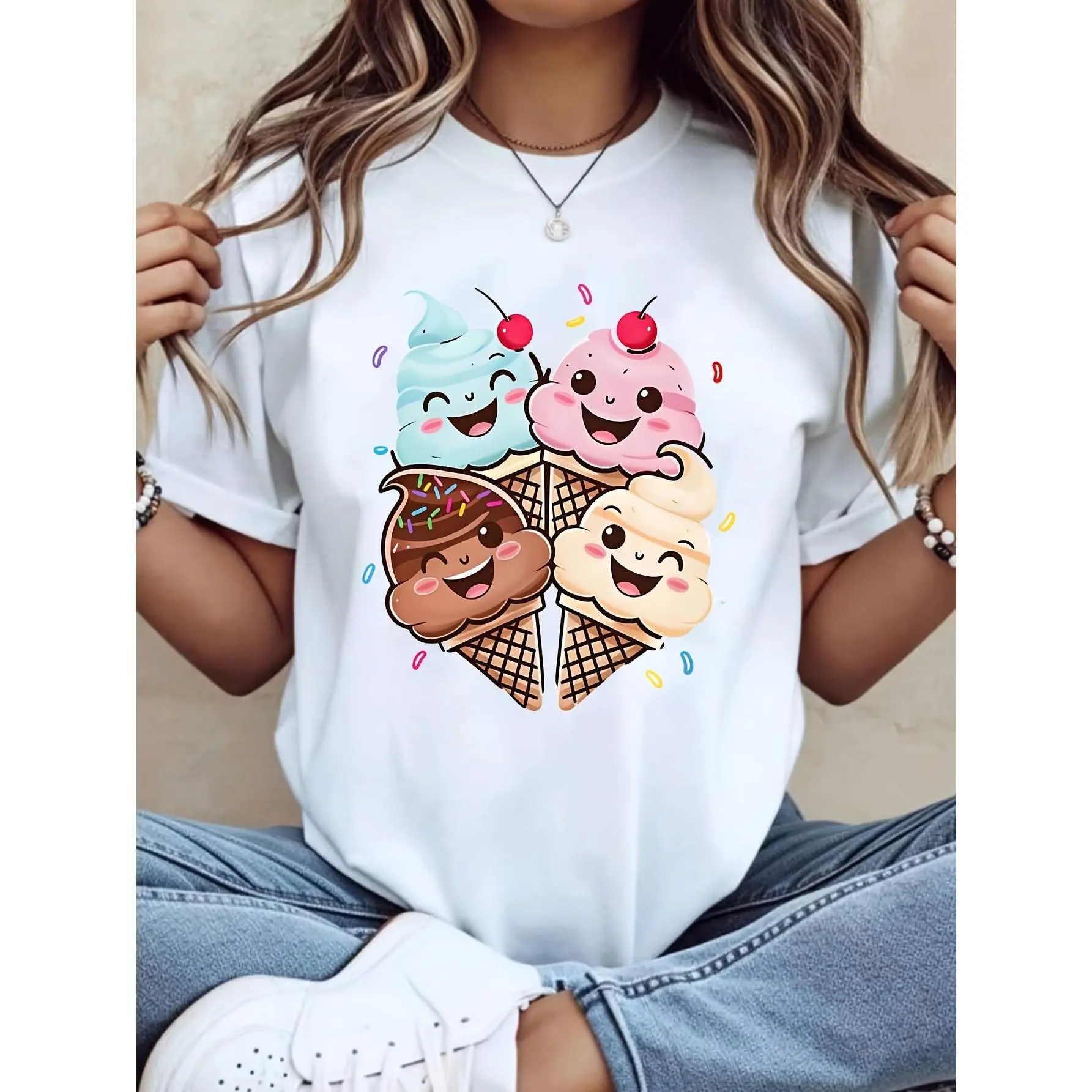 Cute Cartoon Style, Women's T-Shirt, Happy Ice Cream Cones Graphic, Summer Casual Wear, Gift For Ice Cream Lovers