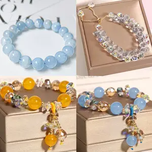 Female 4-Pack Handcrafted Aquamarine Crystal Beads Bracelets - Orange Gemstone, Blue Diamond Mystery Charm Hand Jewelry - Elegant Birthday Gift for Festive Occasions
