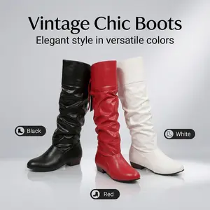 Women's Black Knee High Boots, Pleated Back Lace Slip On Chunky Heel Winter Shoe, Womensfashion Glossy Long Boots for Women, Perfect Valentine's Day Gift