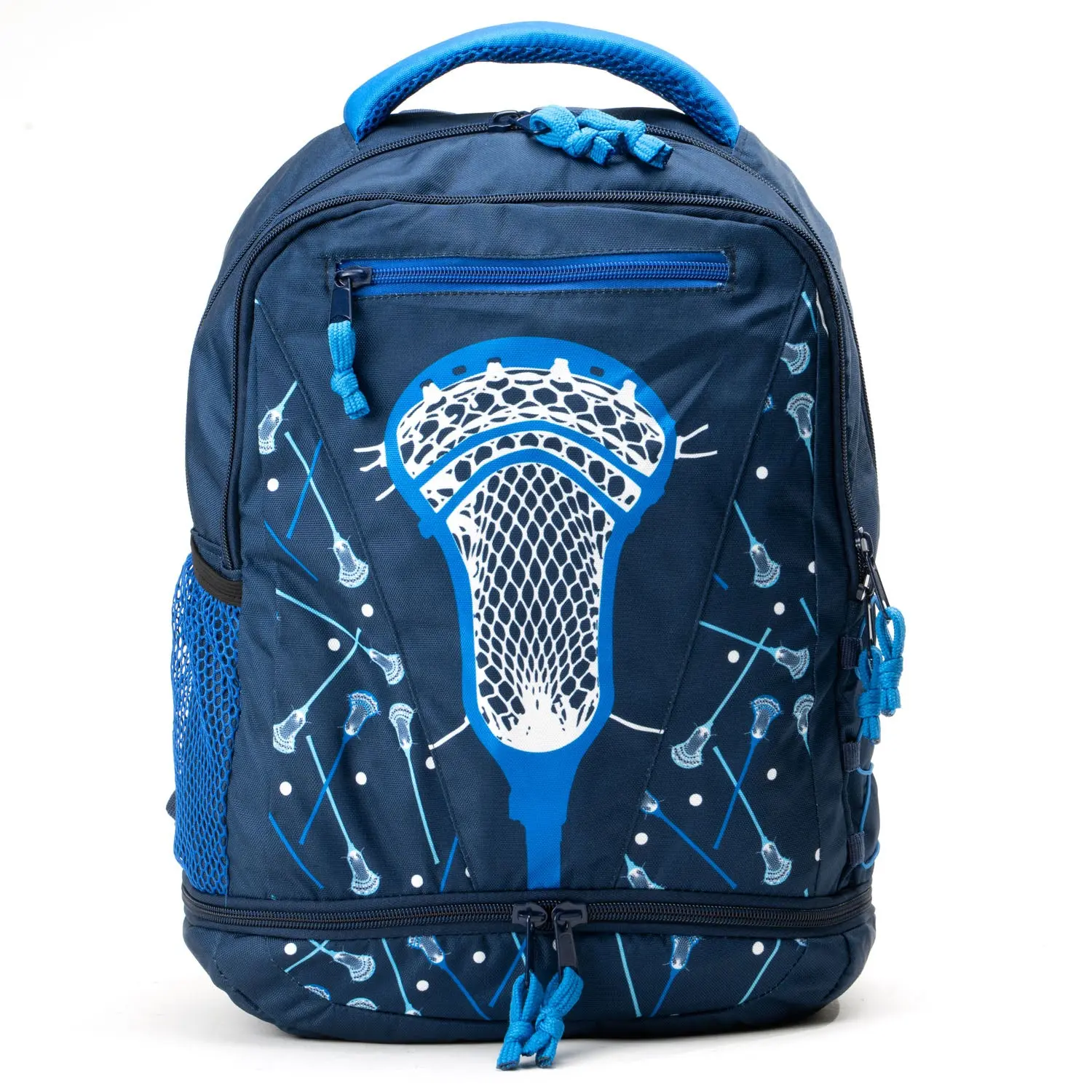 Quick Stick Lacrosse Backpack for Guys, Sporty Varsity Gear Bag with Bottom Shoe Compartment and Mesh Side Pockets, Ball, Lacrosse Gear, Padded