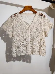 Women's Plain Hollow Out V Neck Cardigan, Bohemian Boho Chic Aesthetic Casual Short Sleeve Knitwear for Summer, Fashion Women's Knit Clothing for Daily Wear, Tops