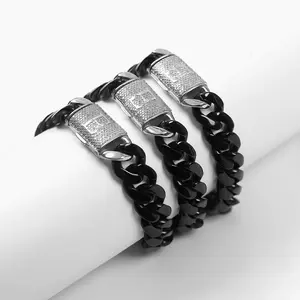 Men's and Women's Silver Letter Cuban Chain 14mm Stainless Steel Black Bracelet Fashion Miami Thick Bracelet Hip Hop Bracelet Maximalist Jewelry Trendy Jewellery Accessories
