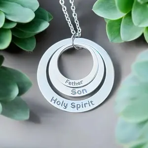 Trinity Circle Necklace with "Father Son Holy Spirit" Pendant, Silver Finish, Simple Design, Chain Attachment