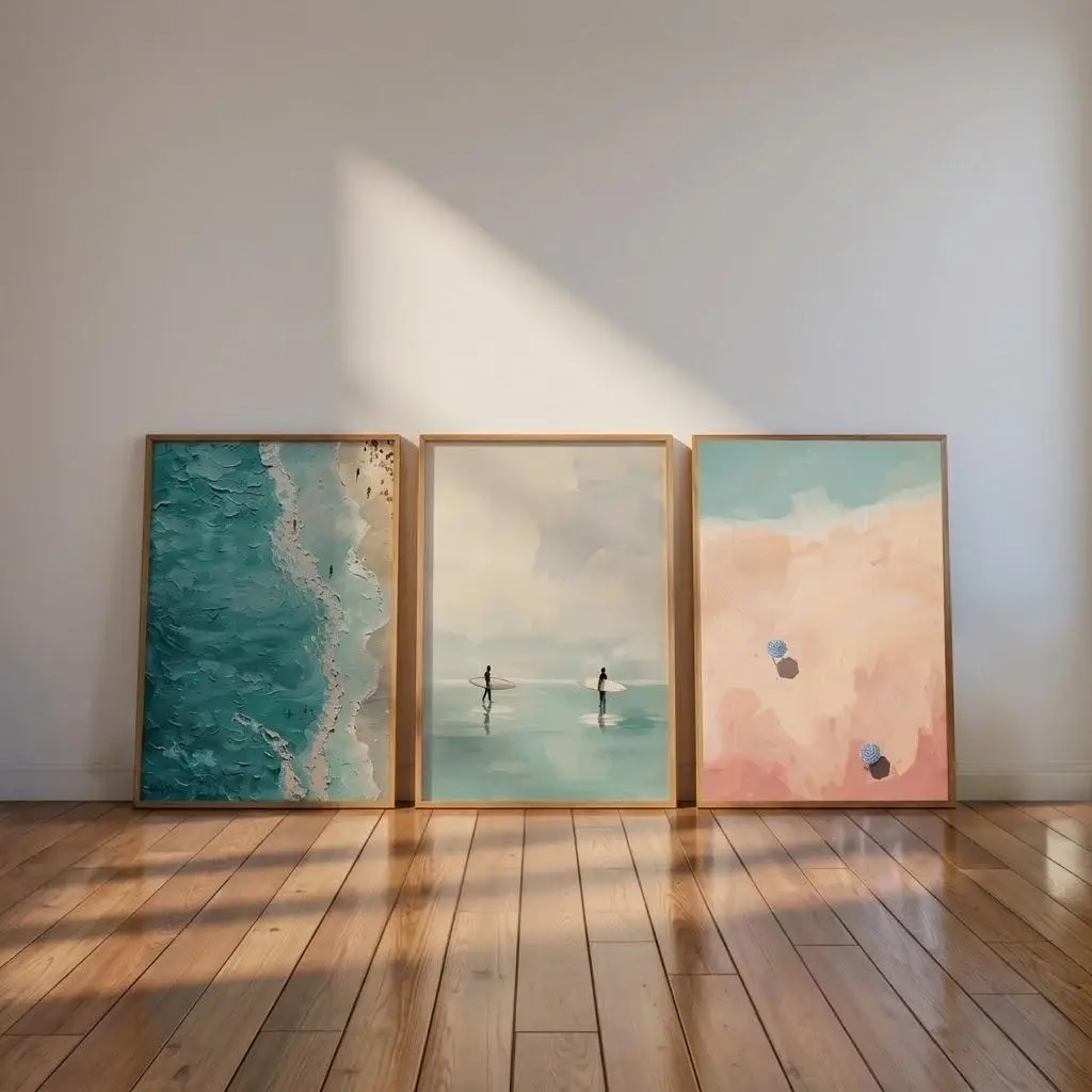 3-Piece Coastal Beach Wall Art Set, Tiny People Ocean Prints, Surf Posters for Beach House Decor (No Frame)