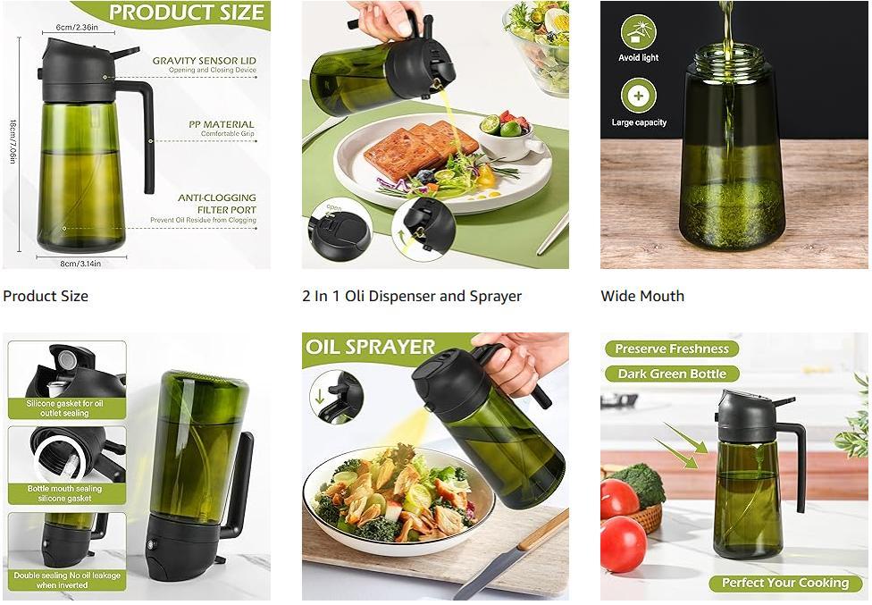 2 Count 2 in 1 Oil Sprayer for Cooking 16oz/470ml Light-Blocking Dark , Olive Oil Dispenser Bottle for Kitchen, Premium Dark Green Glass Oil Bottle, Food-Grade Oil Mister for Air Fryer, BBQ