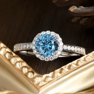 1-5ct Blue Moissanite Ring 100% s925 Sterling Silver Plated  Diamond Promise Halo Engagement Rings for Women