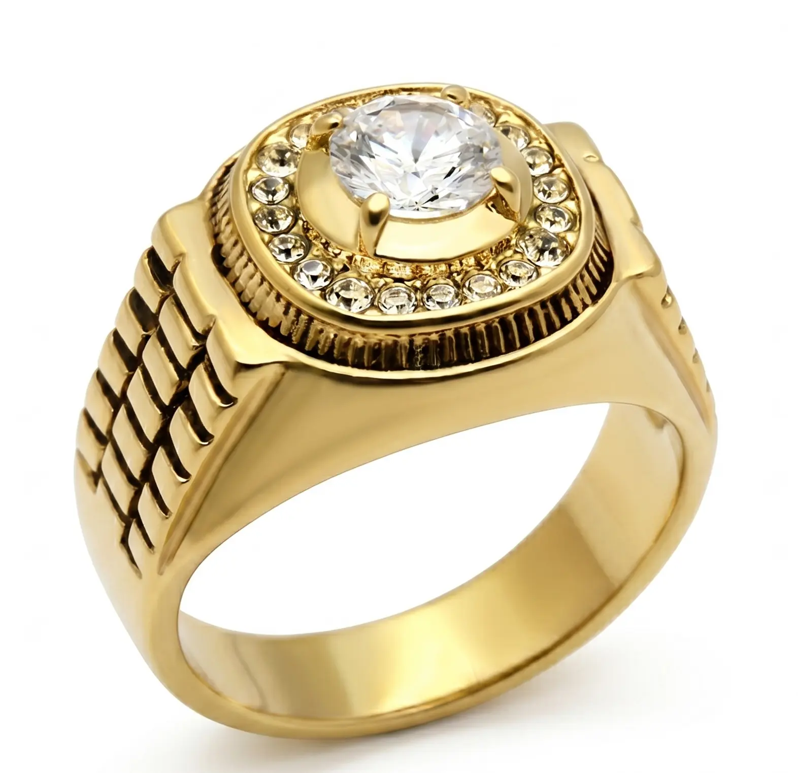 Bold Men's Gold Ion-Plated Stainless Steel CZ Halo Ring with Watch-Link Band