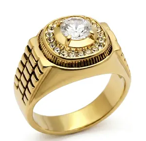Bold Men's Gold Ion-Plated Stainless Steel CZ Halo Ring with Watch-Link Band