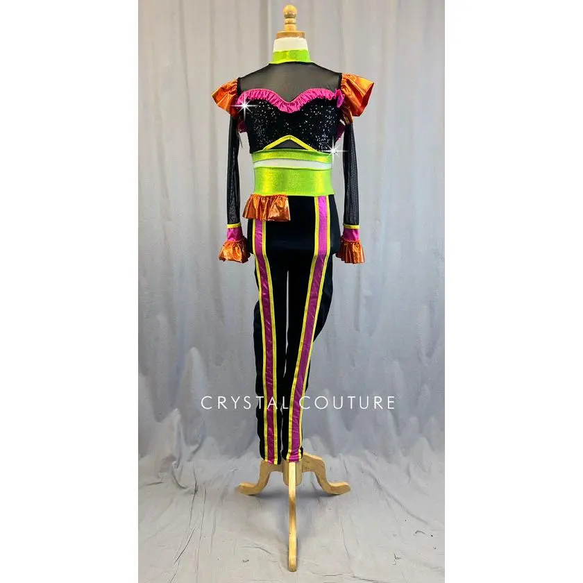 Black Long Sleeve Top & Leggings with Neon Ruffles & Edging