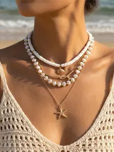Boho Ocean Vacation Necklace, Starfish Soft Clay Imitation Pearl Pendant, Perfect for Beach Holidays, Ideal Gift for Travel Enthusiasts