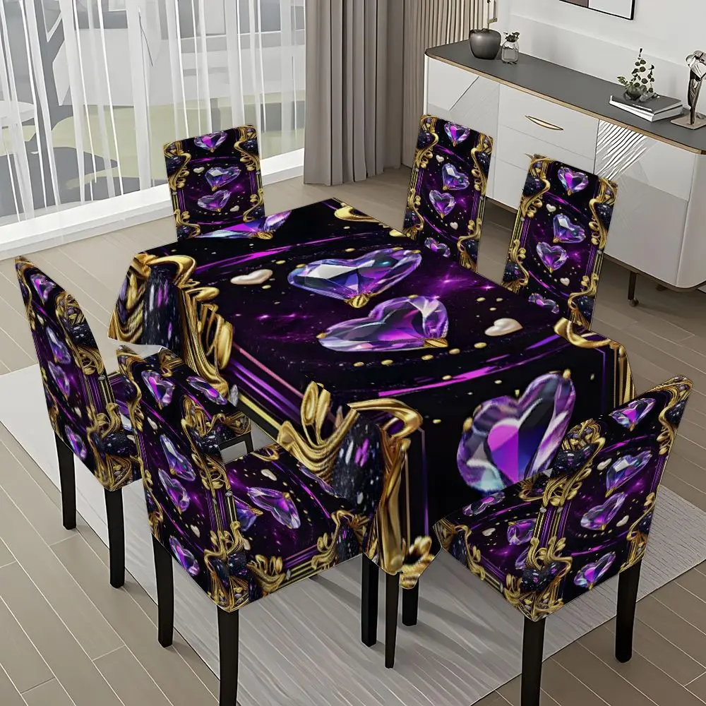 5/7-piece 2D Flat Printing Purple Crystal Heart Golden Frame Printing Patter Cover Set, Tablecloth Chair Covers, for dining table and chair decoration, perfect for home, holiday gatherings, restaurants, and parties.