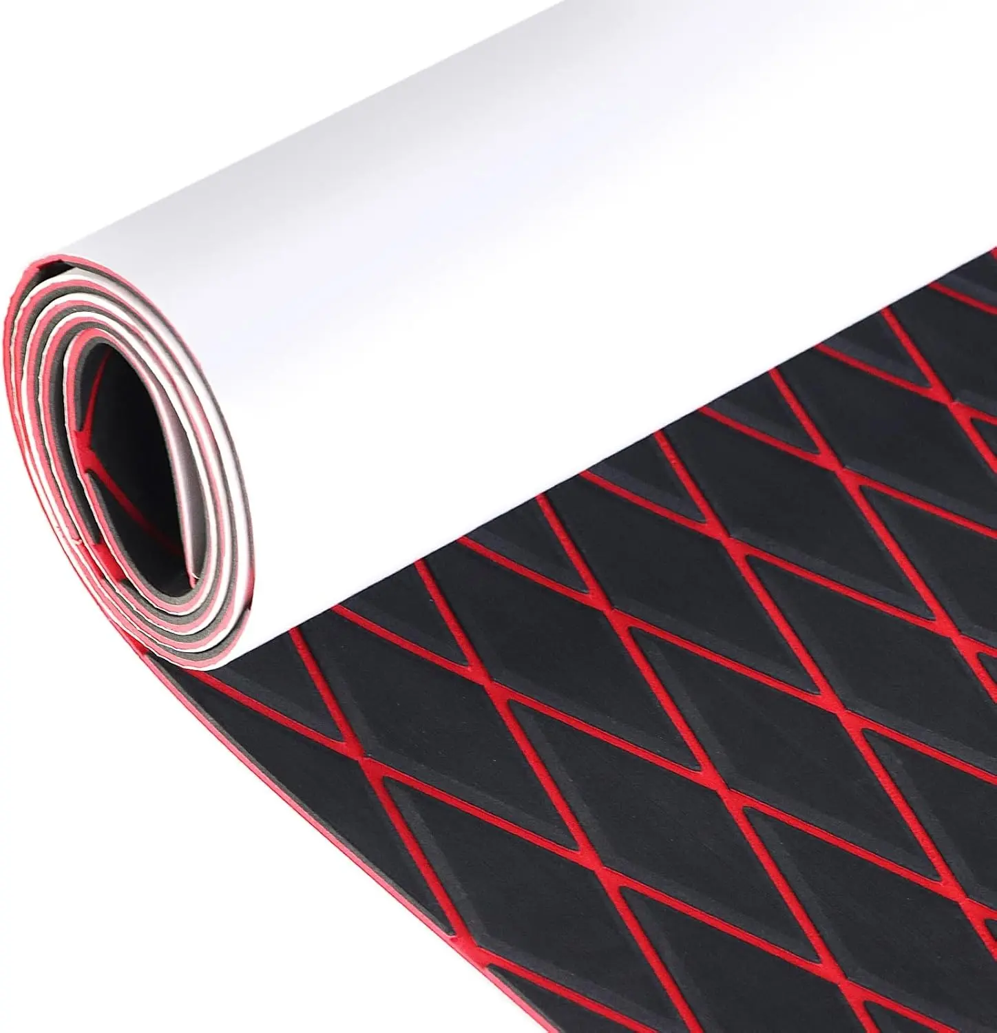 KXKZREN Marine Grade EVA Foam Boat Flooring Pad, Black & Red Brushed Faux Teak Diamond Sheet, Customised Self-Adhesive Outdoor Mat for Decks & Cooler Tops, Waterproof, Self-Adhesive Back, High-Density Eva, Faux Teak Texture, Adhesive Boat Decking