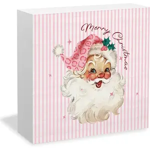 Pink Christmas Santa Wooden Box Sign Desk Decor, Preppy Christmas Decor, Merry Xmas Santa Claus Pink Striped Wood Signs for Home Office Desk Table Shelf Decorations, 5x5 Inch