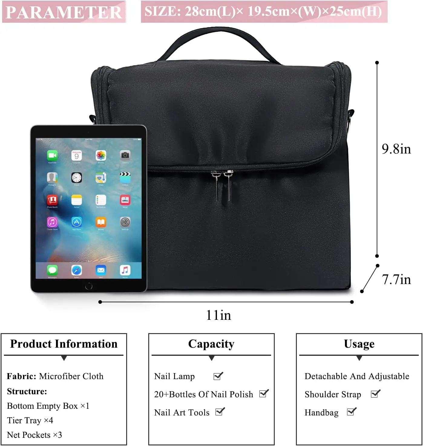 Large Makeup Train Case for, 4 Tier Travel, Black| Nail Organizer Case-Dividers, Waterproof, Detachable Shoulder Strap,, Multipurpose for Nail