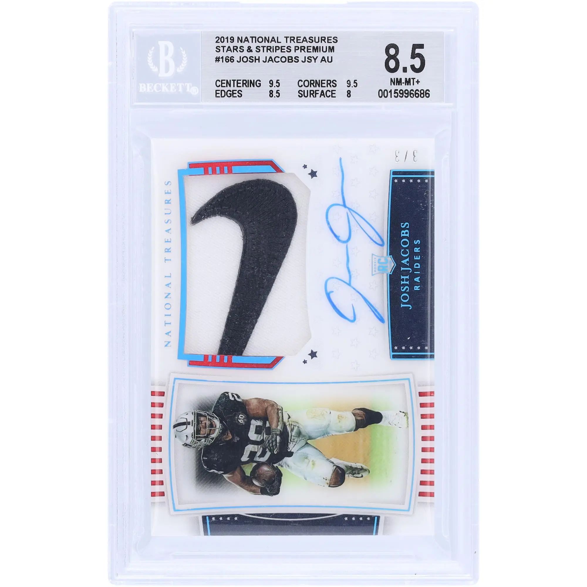 Josh Jacobs Oakland Raiders Autographed 2019 Panini National Treasures Nike Swoosh Stars & Stripes #166 #3/3 BGS Authenticated 8.5 Rookie Card - 9.5,9.5,8.5,8 Subgrades - Fanatics Authentic Certified