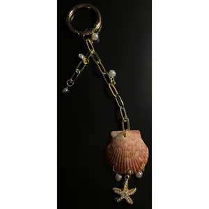 Starfish & Pearls Authentic Scallop Shell Bag Charm or Key Chain with Starfish and Pearls Decorative Accessory
