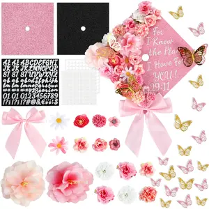GISGFIM 55 pcs pink DIY graduation cap decorations: faux assorted flowers, pink bows, 3D butterfly stickers, glitter alphabet letter and number decals; suitable for DIY hats/graduation caps, graduation party supplies