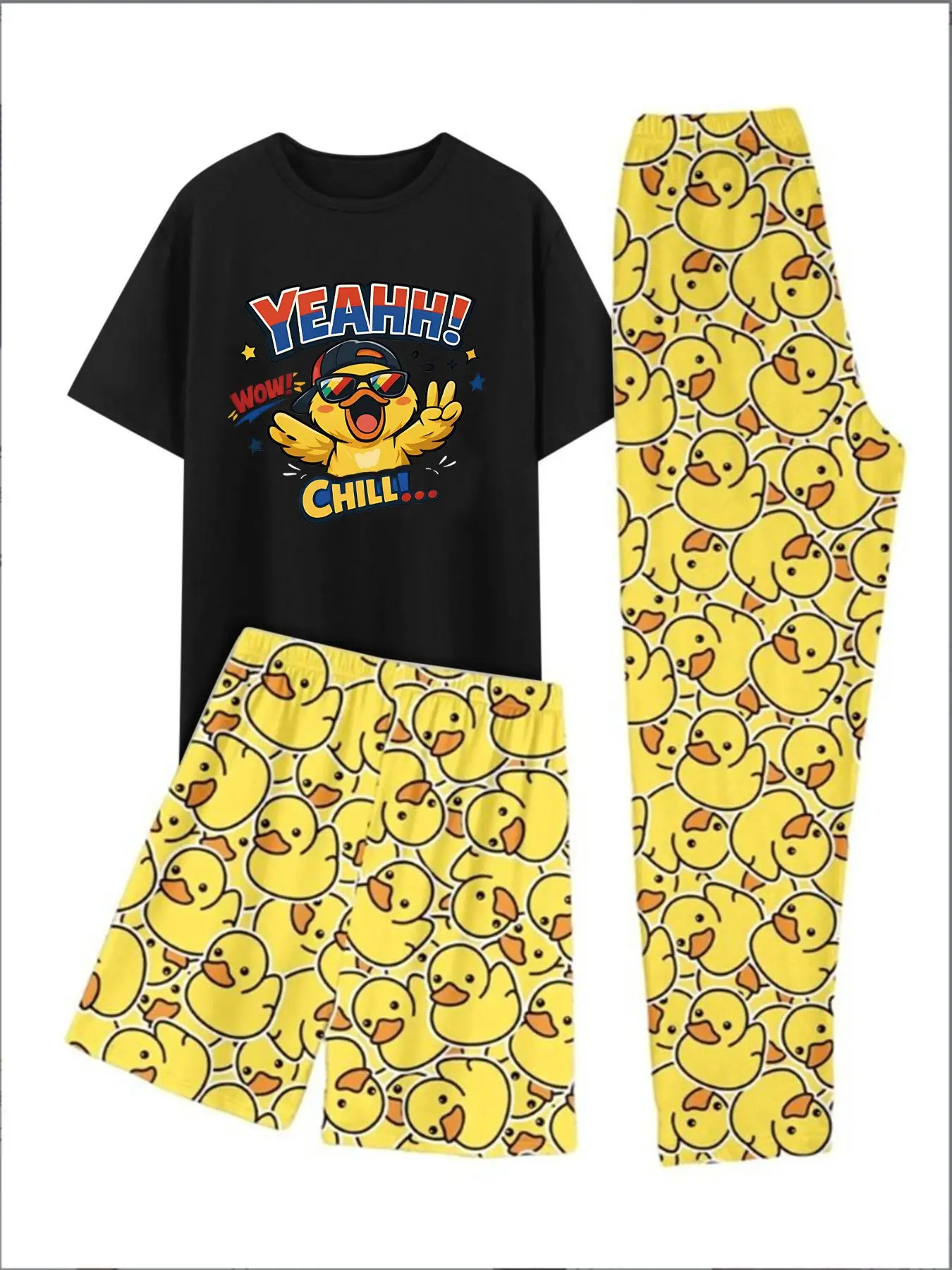 Cartoon Duck Print Pajama Set 3-Piece Pjs Pyjamas, Summer Loose Short Sleeve Long Pants/shorts, Unisex Homewear, Casual Fitted Style Loungewear Nightwear Pajamas