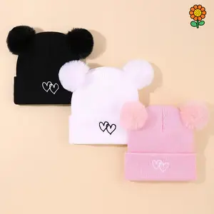 DZP-3-Pack Knit Beanie Hat with Double Heart Embroidery and Pom Poms - 100% Acrylic, Hand Washable, Stretch Fit, Breathable - Unisex Baby Daily & Casual Wear Fall/Winter, Christmas and Thanksgiving Occasions
