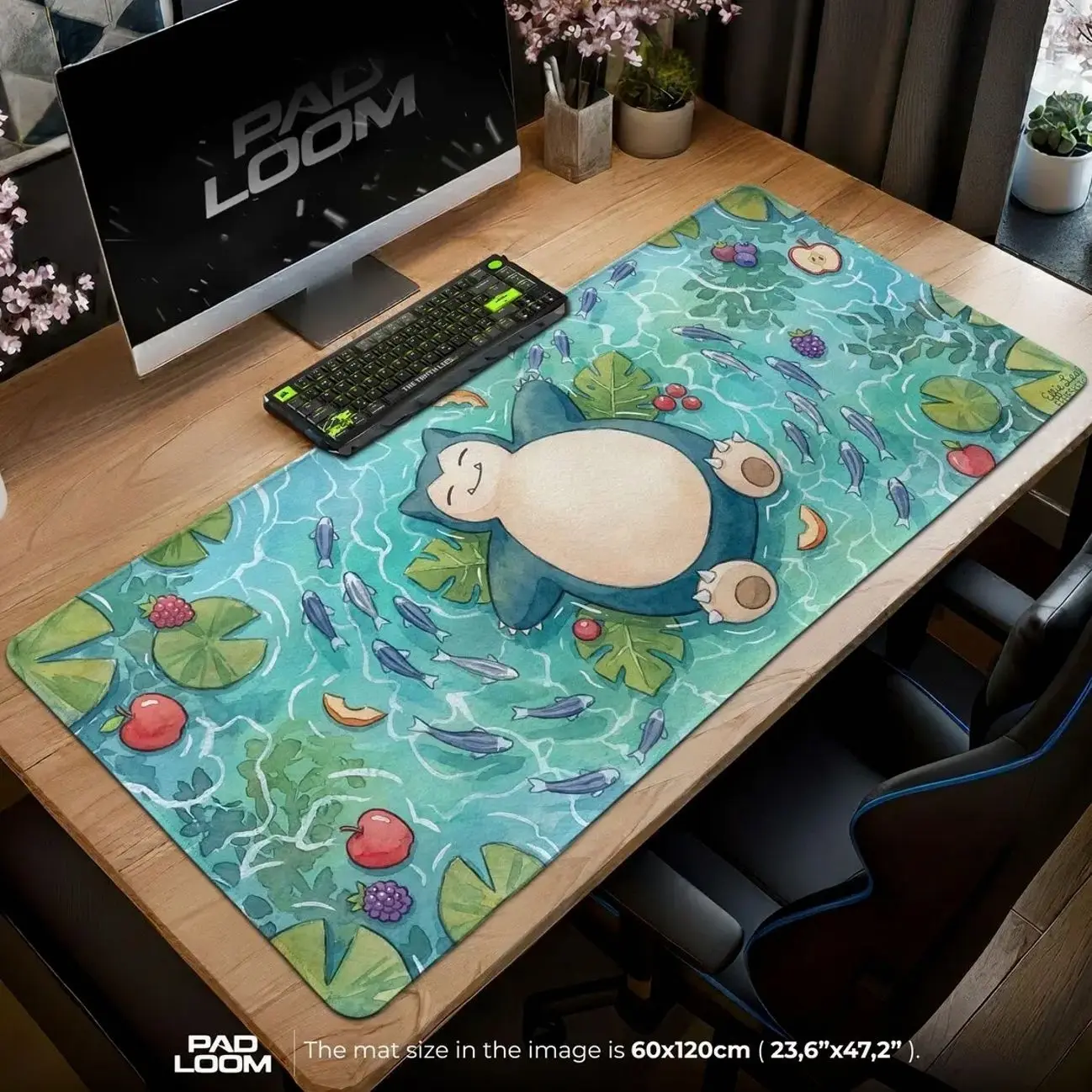Snorlax Floating Mouse Pad, Cute Gaming Desk Mat, Watercolor Anime Art, Relaxing Pond XL Keyboard Mat, Lazy Day Office Decor