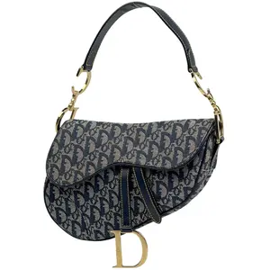 Pre-owned Dior canvas Shoulder Bags Christian small Blue Oblique Saddle Bag 4000015432939