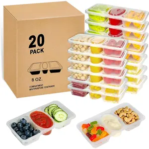 8 OZ Reusable Snack Containers with Lids, New 3 Compartment Condiment Snack Pack Containers 20 Sets