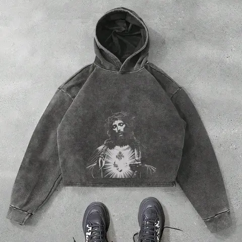 Unisex Men's Jesus Print Hoodie, Gothic Printed Hoodie, Casual Loose Graphic Hooded Sweatshirt for Fall & Winter, Men's Top for Daily Wear, Pullover