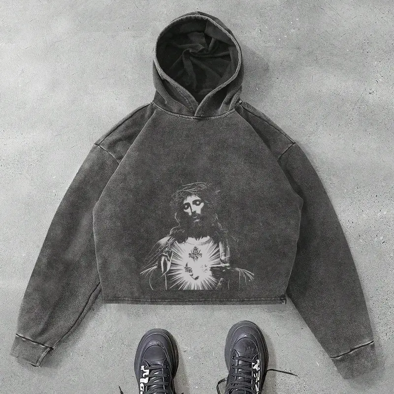 Unisex Men's Jesus Print Hoodie, Gothic Printed Hoodie, Casual Loose Graphic Hooded Sweatshirt for Fall & Winter, Men's Top for Daily Wear, Pullover