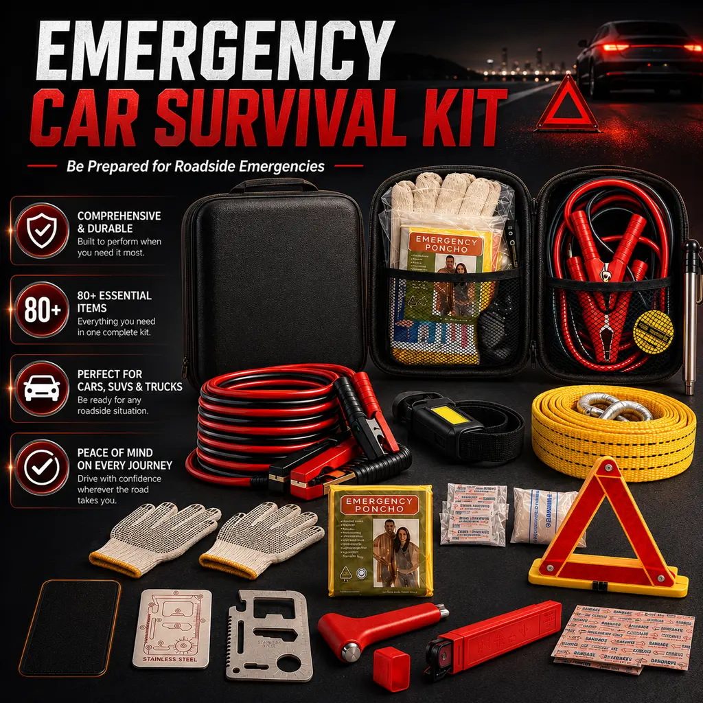 Car Roadside Emergency Kit, with Jumper Cables Automotive Kit,Car Safety Roadside Assistance Kit Headlamp,Tow Straps, Safety Hammers, Rainwear, Gloves.Black