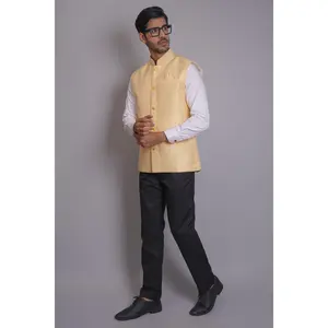 Men Light Yellow jacket, featuring self-print | Ethnic wear for modern style