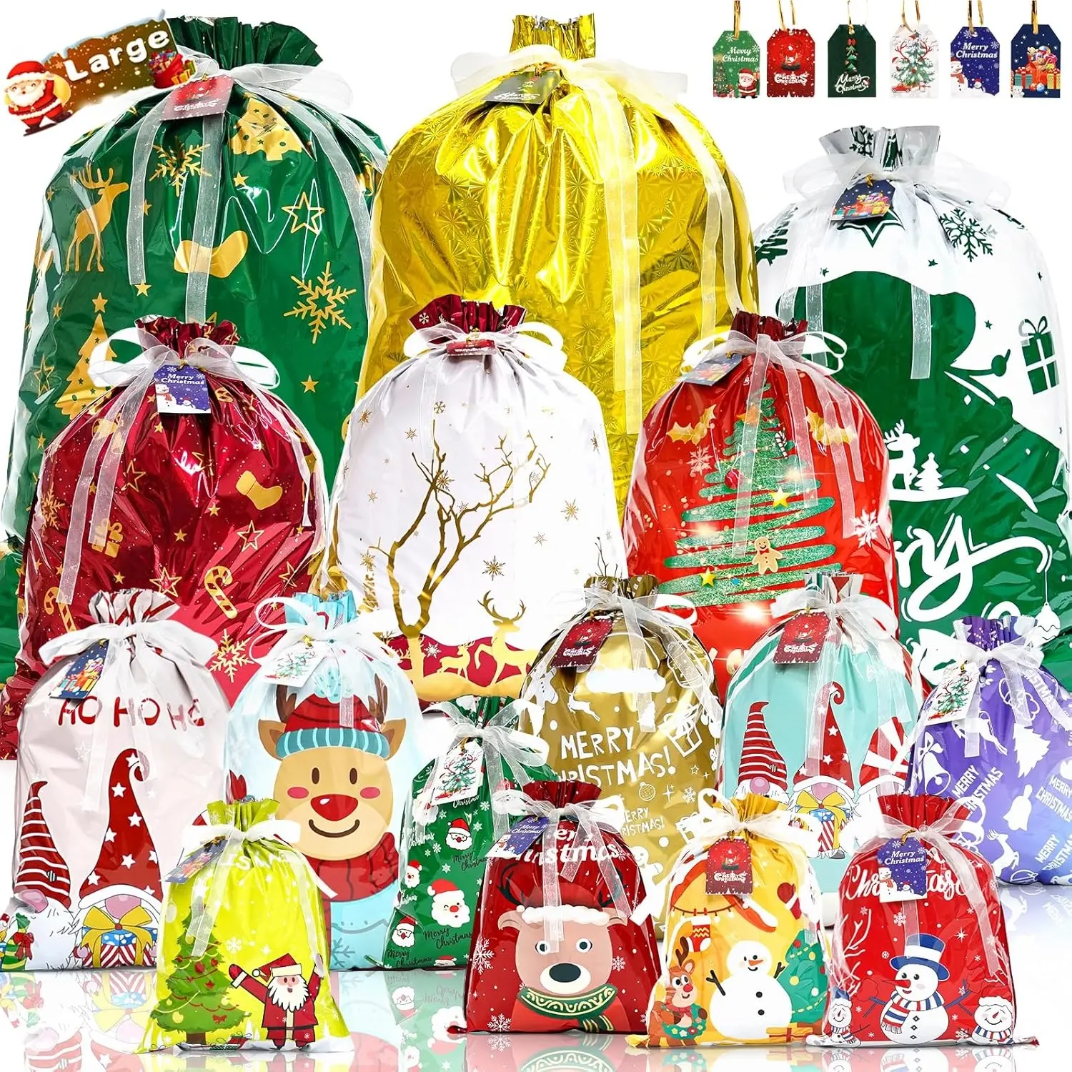 Christmas Gift Packaging Bag Set, Reusable Gift Bag, New Drawstring Closure Design, Perfect Holiday Decoration & Present Wrapping Solution