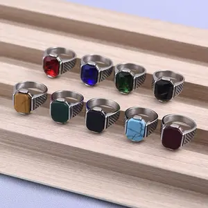 Hip Hop Stainless Steel Square Green Agate Gemstone Emerald Stone Design Personalized Ottoman Men's Ring R339 with Colorful Options